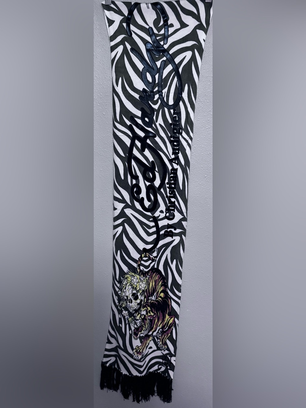 Ed Hardy by Christian Audigier Tiger and Skull Scarf with Black Fringe